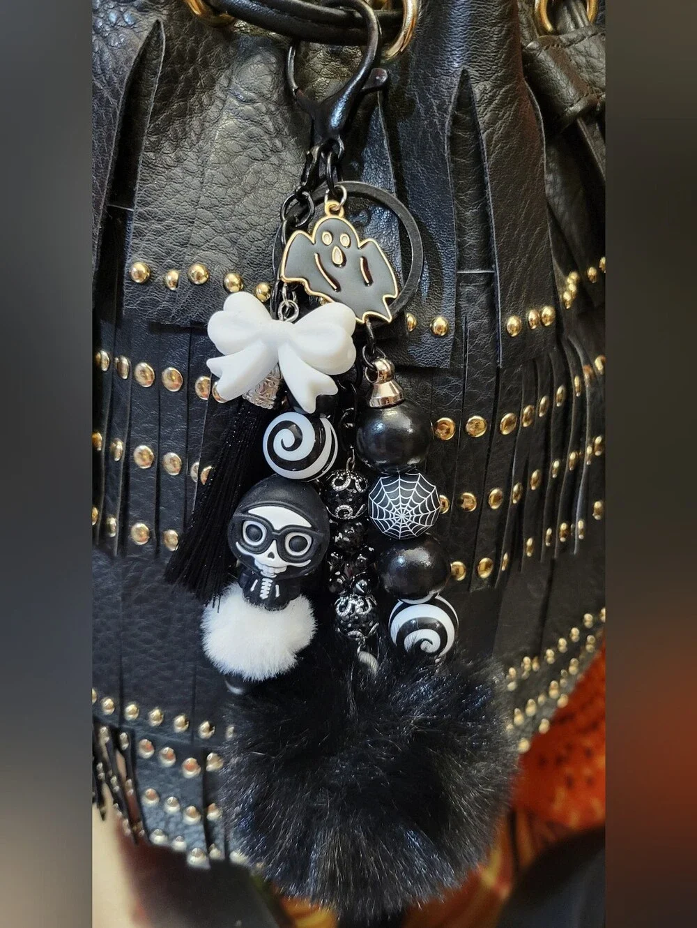 Black & White Spooky Charm Pom Keychain with Bow Halloween Handmade Bag Charm